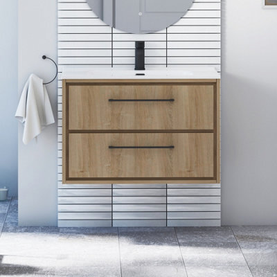Royal Bathrooms Livora 800mm Natural Oak Wall Hung Bathroom Vanity Unit 2 Drawer Storage With Ceramic Basin & Matt Black Handle - image 1