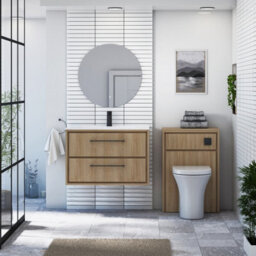 Royal Bathrooms Livora 800mm Natural Oak Wall Hung Bathroom Vanity Unit 2 Drawer Storage With Ceramic Basin & Matt Black Handle - thumbnail 3