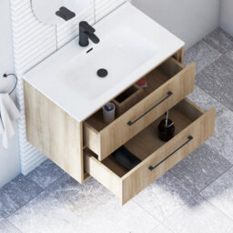 Royal Bathrooms Livora 800mm Natural Oak Wall Hung Bathroom Vanity Unit 2 Drawer Storage With Ceramic Basin & Matt Black Handle - thumbnail 4