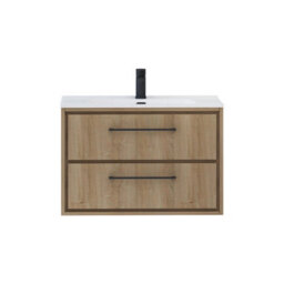 Royal Bathrooms Livora 800mm Natural Oak Wall Hung Bathroom Vanity Unit 2 Drawer Storage With Ceramic Basin & Matt Black Handle - thumbnail 5