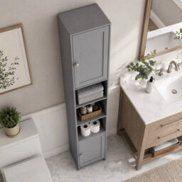 Grey Tall Bathroom Storage Cabinet 2 Door Mdf Freestanding - thumbnail 3