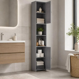 Grey Tall Bathroom Storage Cabinet 2 Door Mdf Freestanding - thumbnail 2