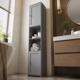 Grey Tall Bathroom Storage Cabinet 2 Door Mdf Freestanding - thumbnail 4