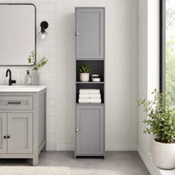 Grey Tall Bathroom Storage Cabinet 2 Door Mdf Freestanding - thumbnail 1