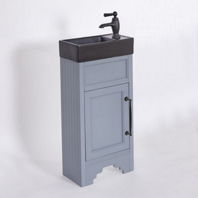 Homestylestore Light Grey 400mm Bathroom Vanity Unit With Black Basin And Black T Bar Handles - image 1