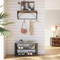 Songmics Shoe Bench, Shoe Rack With 2 Shelves, Shoe Organiser, Entryway Living Room Hallway, Steel, Industrial, Greige And Black - thumbnail 4