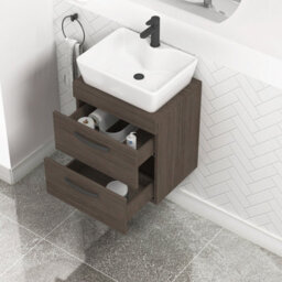 Royal Bathrooms 500mm Wall Hung Vanity Unit 2 Drawer Grey Elm & Cube Countertop Basin With Matt Black Handle - thumbnail 3