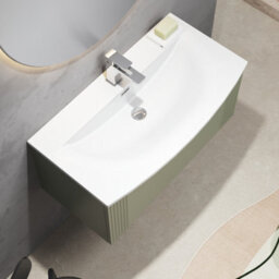 Balterley Belvide Partial Fluted 1 Drawer Wall Hung Vanity Unit With 1 Tap Hole Curved Basin- 800mm - Satin Green - thumbnail 3