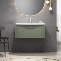 Balterley Belvide Partial Fluted 1 Drawer Wall Hung Vanity Unit With 1 Tap Hole Curved Basin- 800mm - Satin Green - thumbnail 2