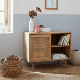 Sweeek - 80Cm Scandi-Style Storage Cabinet With Wooden And Cane Rattan Natural 80X39X65.8 Cm - Boheme
