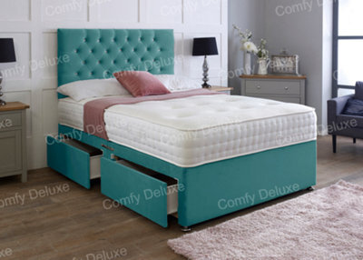 Comfy Deluxe 6Ft Superking Green  Plush Velvet Pocket Divan Bed & Chesterfield Headboard No Drawers