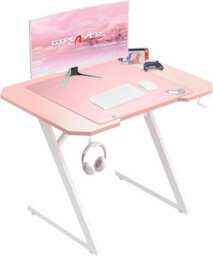 Gtplayer Gaming Desk, 100X60Cm Computer Desk Sturdy Carbon Fiber Z Frame Large Gaming Pc Table With Headphone Hooks, Pink