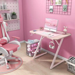 Gtplayer Gaming Desk, 100X60Cm Computer Desk Sturdy Carbon Fiber Z Frame Large Gaming Pc Table With Headphone Hooks, Pink - thumbnail 4