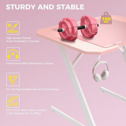Gtplayer Gaming Desk, 100X60Cm Computer Desk Sturdy Carbon Fiber Z Frame Large Gaming Pc Table With Headphone Hooks, Pink - thumbnail 5