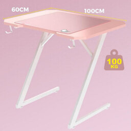 Gtplayer Gaming Desk, 100X60Cm Computer Desk Sturdy Carbon Fiber Z Frame Large Gaming Pc Table With Headphone Hooks, Pink - thumbnail 3