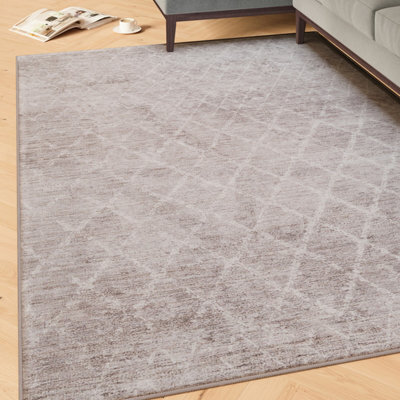 Loomed Beige Grey Distressed Geometric Trellis Washable Long Runner Rug 60Cm X 240Cm - image 1