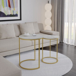 Urbn-Living Urbnliving 60Cm Height White Marble Wood Top With Gold Legs Round Nesting Stackable Sofa Side Bedside End Table Set Of 2 - thumbnail 3