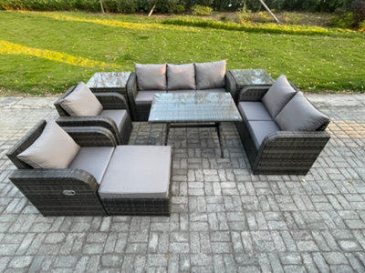 Fimous 8 Seater High Back Pe Rattan Sofa Set Outdoor Garden Furniture Dining Table Set With Reclining Chair For Pool - image 1