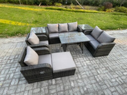 Fimous 8 Seater High Back Pe Rattan Sofa Set Outdoor Garden Furniture Dining Table Set With Reclining Chair For Pool - thumbnail 2