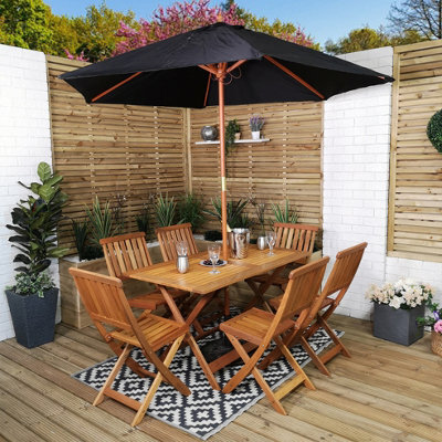 Samuel Alexander Outdoor 6 Person Folding Rectangular Wooden Garden Patio Dining Table Chairs Parasol And Base Set - image 1