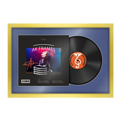 "AK Frames 25X17"" Gold Modern Vinyl Record Frame With Blue Mount For 12 Inch Lp Cover & Disc - Overlapped Design" - image 1
