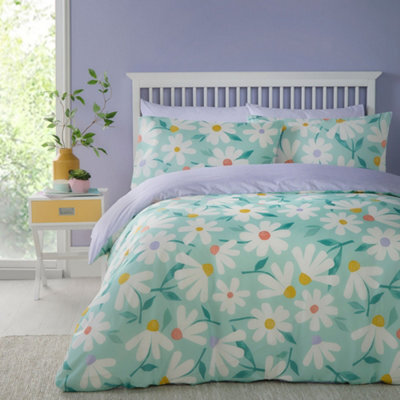 Fusion Daisy Retro Daisy Print Peach Textured Duck Egg Duvet Cover Set - image 1
