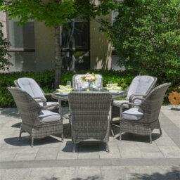 Abrihome 6-Seater Outdoor Garden Aluminum Round Dining Table Set With Rotating Glass Tray And Uv-Resistant Pe Wicker, Grey - thumbnail 2