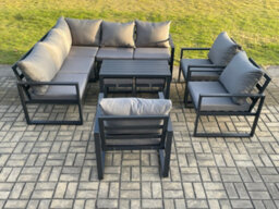 Fimous 10 Seater Aluminium Outdoor Garden Furniture Set Patio Lounge Sofa With Oblong Coffee Table Chair 2 Small Footstools - thumbnail 2