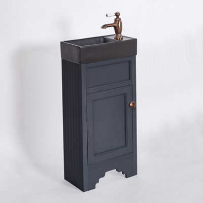 Homestylestore Black Grey 400mm Bathroom Vanity Unit With Black Basin And Aged Bronze Round Handles - image 1