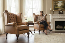 Chesterfield 2 X Chairs Old English Tan Leather Chairs Offer In Queen Anne Style - thumbnail 2