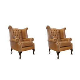 Chesterfield 2 X Chairs Old English Tan Leather Chairs Offer In Queen Anne Style - thumbnail 1