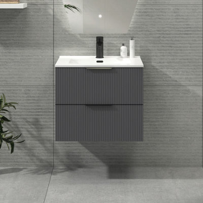 Royal Bathrooms Evora 600mm Graphite Grey Fluted Wall Hung Bathroom Vanity Unit 2 Drawer Cabinet Storage With Ceramic Basin & Matt Black Handles - image 1