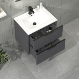 Royal Bathrooms Evora 600mm Graphite Grey Fluted Wall Hung Bathroom Vanity Unit 2 Drawer Cabinet Storage With Ceramic Basin & Matt Black Handles - thumbnail 3