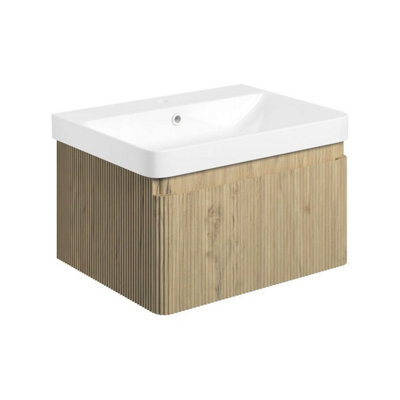 Aquarius Corinthe Fluted Wall Mounted Vanity Unit  With Basin - 1 Drawer - 605 X 460mm - Textured Oak - image 1