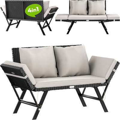 Casaria Rattan Garden Bench With Reclining Function, Adjustable Armrests, Weatherproof, Black Rattan With Cream Cushions - image 1