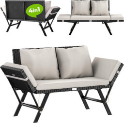 Casaria Rattan Garden Bench With Reclining Function, Adjustable Armrests, Weatherproof, Black Rattan With Cream Cushions
