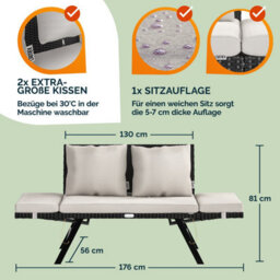 Casaria Rattan Garden Bench With Reclining Function, Adjustable Armrests, Weatherproof, Black Rattan With Cream Cushions - thumbnail 4