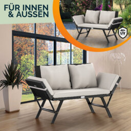 Casaria Rattan Garden Bench With Reclining Function, Adjustable Armrests, Weatherproof, Black Rattan With Cream Cushions - thumbnail 5