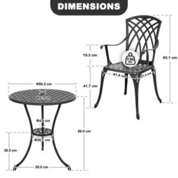 Avestar 3-Piece Outdoor Patio Bistro Set, Cast Aluminium Round Bistro Table And Chairs, For Patio, Garden And Balcony, Black - thumbnail 3