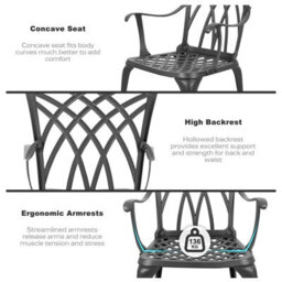 Avestar 3-Piece Outdoor Patio Bistro Set, Cast Aluminium Round Bistro Table And Chairs, For Patio, Garden And Balcony, Black - thumbnail 6