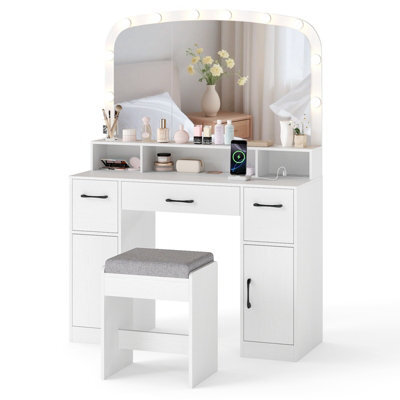 Gainoom White Vanity Desk With Mirror & Lights 108 Cm Wide Dressing Table With Stool - image 1