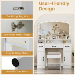 Gainoom White Vanity Desk With Mirror & Lights 108 Cm Wide Dressing Table With Stool - thumbnail 8