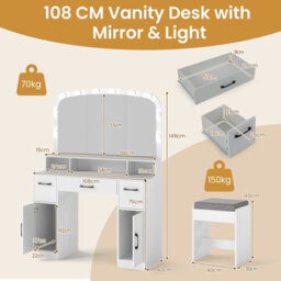 Gainoom White Vanity Desk With Mirror & Lights 108 Cm Wide Dressing Table With Stool - thumbnail 2