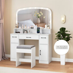 Gainoom White Vanity Desk With Mirror & Lights 108 Cm Wide Dressing Table With Stool - thumbnail 4