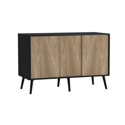 Urbn-Living Urbnliving 3-Door Sliding Cabinet Sideboard Black Carcass With Oak Doors Storage Organiser Home Cupboard Black Wooden Legs - image 1