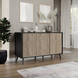Urbn-Living Urbnliving 3-Door Sliding Cabinet Sideboard Black Carcass With Oak Doors Storage Organiser Home Cupboard Black Wooden Legs - thumbnail 3