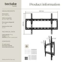 Tectake Television Bracket - 32-100 Inch Screens, Tiltable, Width-Adjustable Tv Wall Mount 70 Kg - Black - thumbnail 6