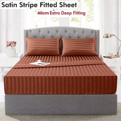 Ameha Stripe Fitted Sheet 40 Cm Deep Pocket- Hypoallergenic Easy Care Rust Bed Sheets Uk King Bedsheet(152X200Cm) - image 1