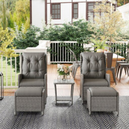 Outsunny Recliner Rattan Garden Furniture W/ Two-Tier Table, Light Grey - thumbnail 9