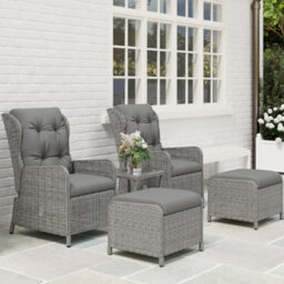 Outsunny Recliner Rattan Garden Furniture W/ Two-Tier Table, Light Grey - thumbnail 8